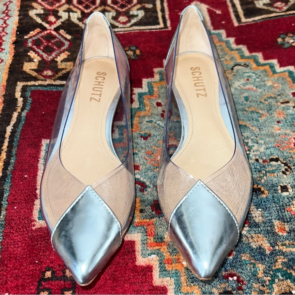 SCHUTZ CLEAR LEATHER FLAT SILVER POINT Flats SHOES SZ 6.5
